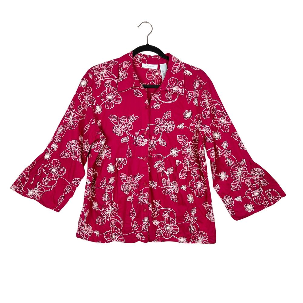 JH Collection XL Pink White Embroidered Floral Button Up Woman's Bell Slv Blouse